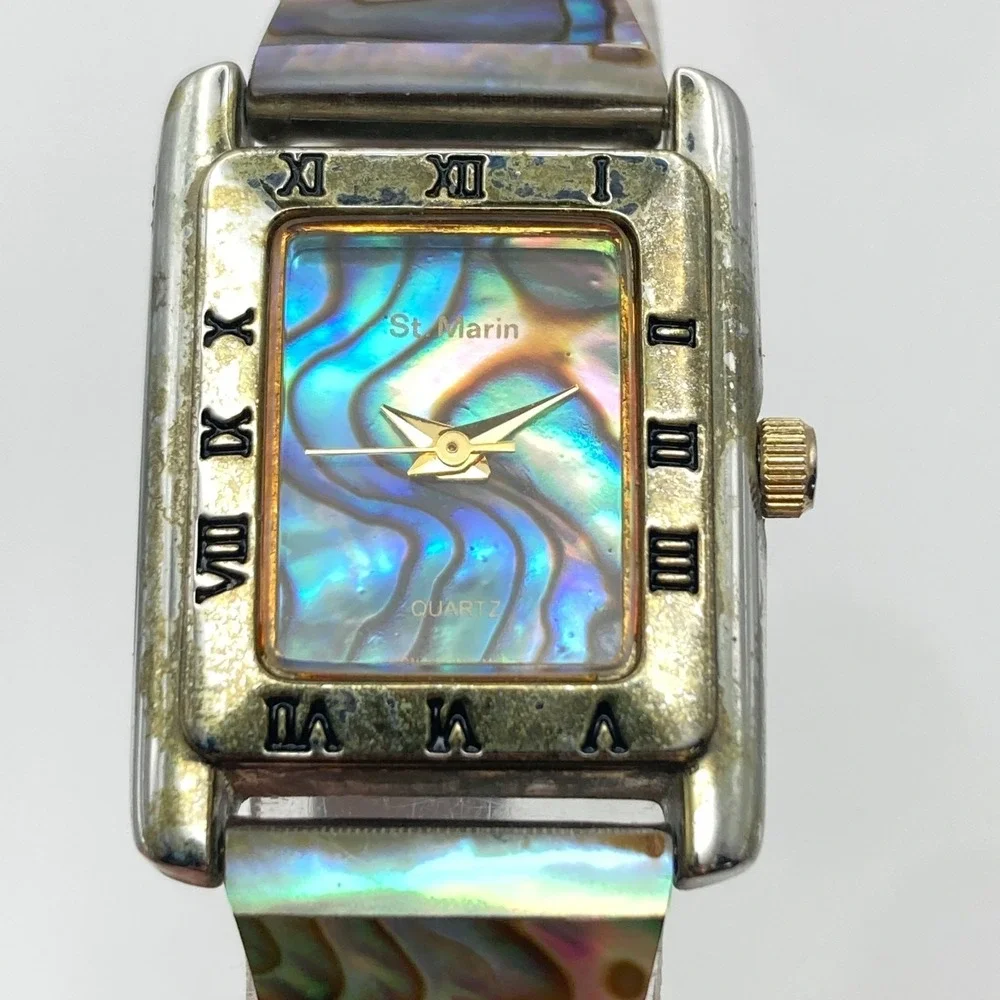Vintage St. Marin Womens Watch 21mm Abalone Stretch Band Two Tone New Battery 6